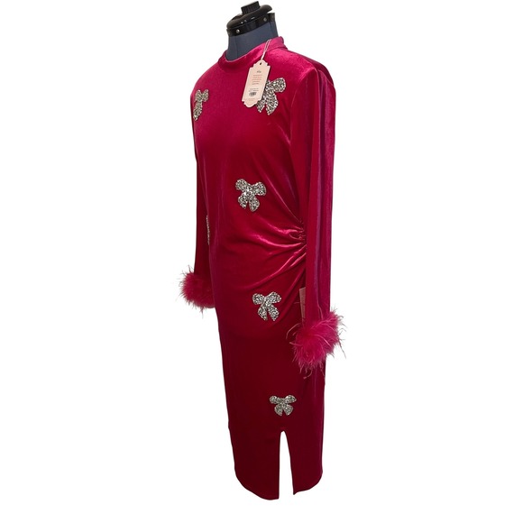 NWT Ivy City Co Pink Velvet Rhinestone Bows Feather Cuff Midi Dress Glam Twee M - Picture 4 of 15